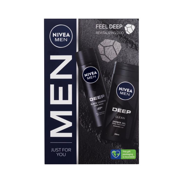 Nivea Men Deep Revitalizing Duo Подаръчен комплект душ гел Deep Clean 250 ml + спрей против изпотяване Deep Black Carbon 150 ml