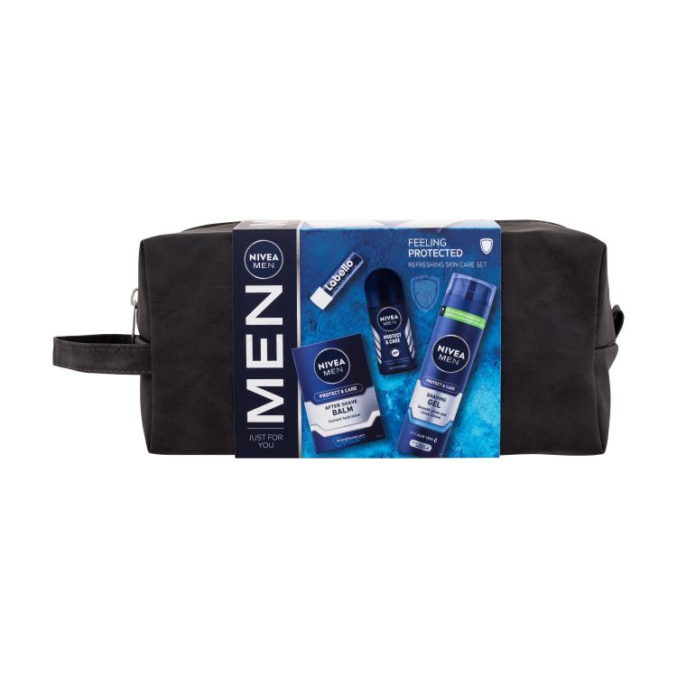 Nivea Men Protect &amp; Care Feeling Protected Подаръчен комплект афтършейв балсам Men Protect &amp; Care 100 ml + гел за бръснене Men Protect &amp; Care 200 ml + антиперспирант Men Protect &amp; Care 50 ml + балсам за устни Labello Men Active 4,8 g + козметична чанта