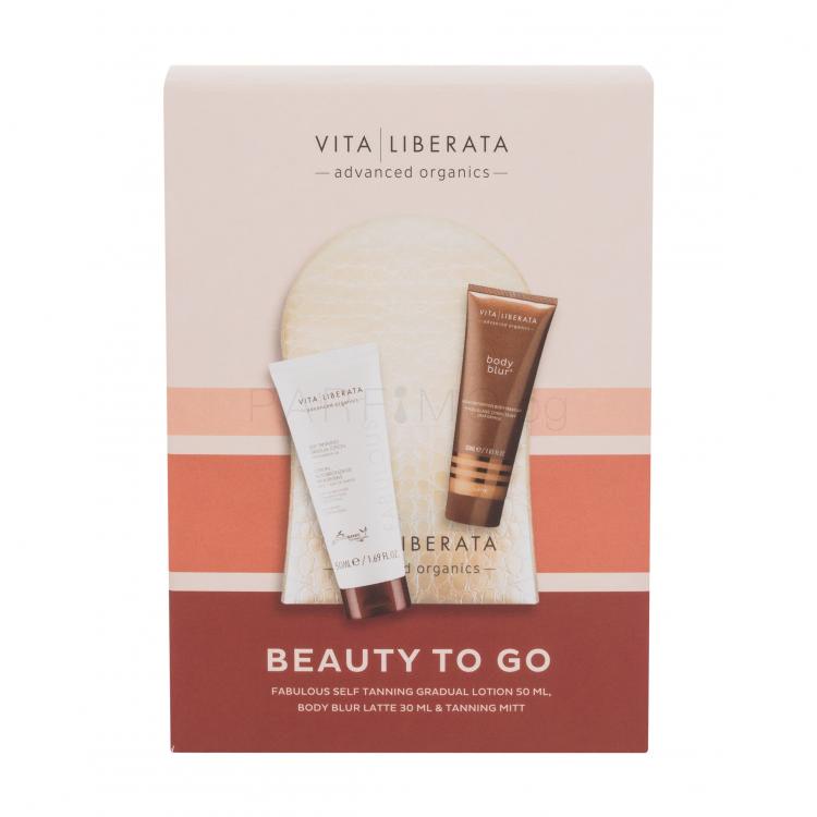 Vita Liberata Beauty To Go Подаръчен комплект автобронзант Fabulous Self Tanning Grabual Lotion 50 ml + тонален крем за лице и тяло Body Blur High Definition Body Makeup 30 ml Latte + ръкавица за нанасяне на автобронзант 1 бр