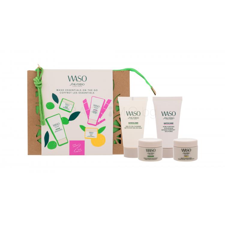 Shiseido Waso Essentials On The Go Подаръчен комплект крем за лице Waso Shikulime 15 ml + почистващ гел за лице Waso Shikulime 30 ml + нощна маска за лице Waso Yuzu-C 15 ml + ексфолираща маска Waso Satocane 30 ml + козметична чанта