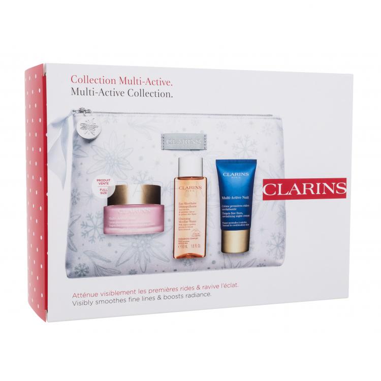 Clarins Multi-Active Collection Подаръчен комплект дневен крем за лице Multi-Active Day 50 ml + нощен крем за лице Multi-Active Night 15 ml + мицеларна вода Cleansing Micellar Water 50 ml + козметична чантичка