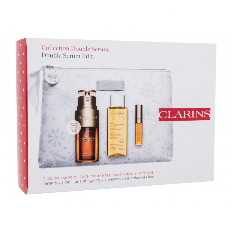 Clarins Double Serum Collection Подаръчен комплект серум за лице Double Serum 30 ml + почистващо масло Total Cleansing Oil 50 ml + масло за устни Lip Comfort Oil 2,8 ml 01 Honey + козметична чантичка