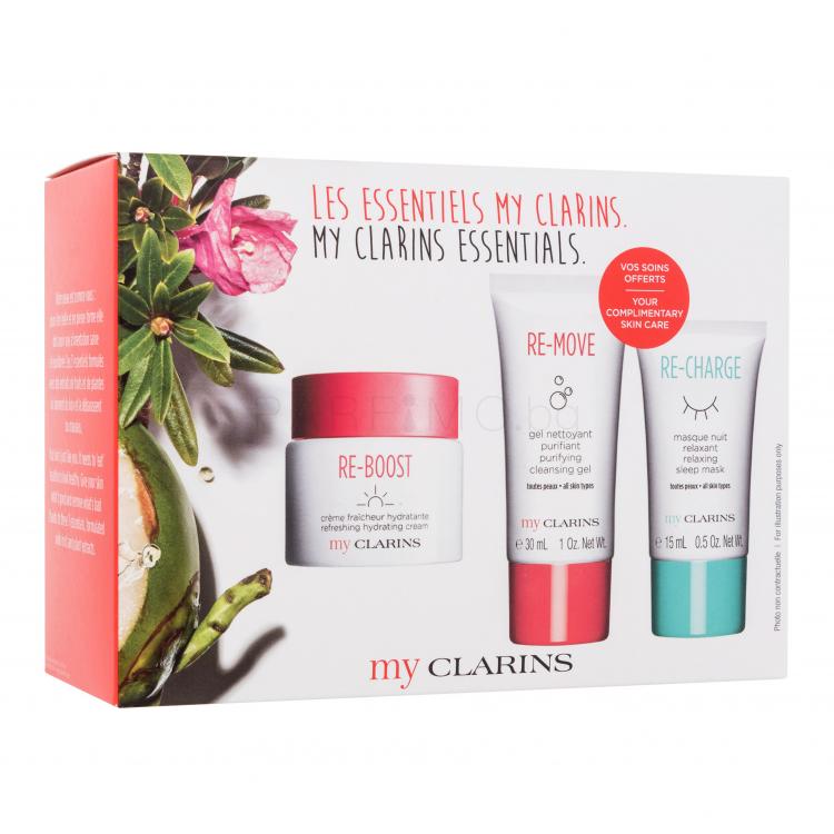 Clarins My Clarins Must-Haves Подаръчен комплект крем за лице Re-Boost Refreshing Hydrating Cream 50 ml + маска за лице Re-Charge Relaxing Sleep Mask 15 ml + почистващ гел за лице Re-Move Purifying Cleansing Gel 30 ml