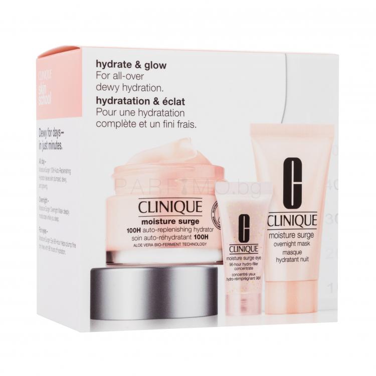 Clinique Hydrate &amp; Glow Gift Set Подаръчен комплект хидратиращ крем за лице Moisture Surge 100H Auto-Replenishing Hydrator 50 ml + маска за лице Moisture Surge Overnight Mask 30 ml + околоочен гел Moisture Surge Eye 96-hour Hydro-filler Concentrate 5 ml