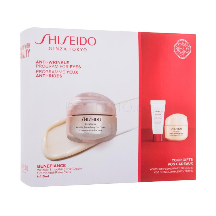 Shiseido Benefiance Anti-Wrinkle Program For Eyes Подаръчен комплект околоочен крем Benefiance Wrinkle Smoothing Eye Cream 15 ml + серум за лице Ultimune Power Infusing Concentrate 5 ml + дневен крем за лице Benefiance Wrinkle Smoothing Cream 15 ml