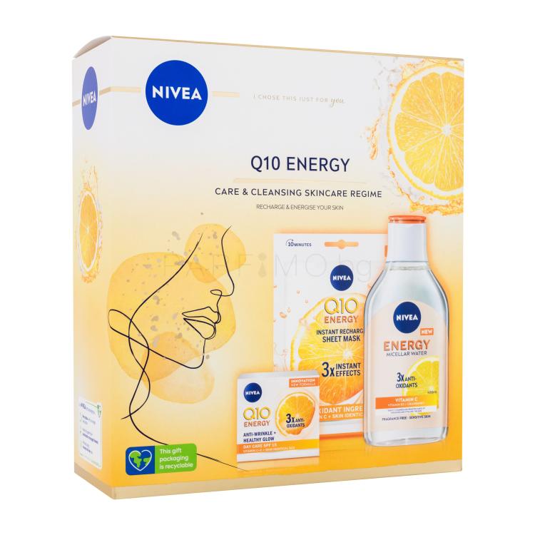 Nivea Q10 Energy Gift Set Подаръчен комплект дневен крем за лице Q10 Energy 50 ml + мицеларна вода Q10 Energy 400 ml + текстилна маска за лице Q10 Energy 1 бр