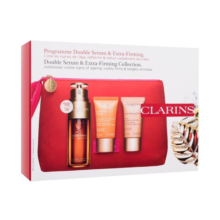 Clarins Double Serum &amp; Extra-Firming Collection Подаръчен комплект серум за лице Double Serum 50 ml + дневен крем за лице Extra-Firming Energy 15 ml + нощен крем за лице Extra-Firming Night 15 ml + козметична чантичка