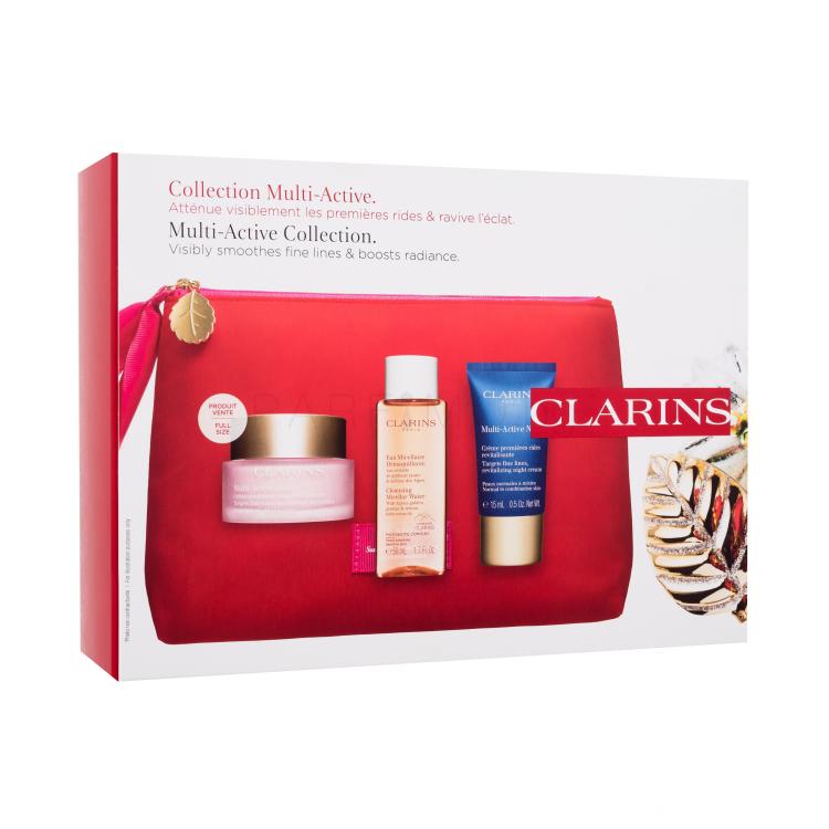 Clarins Multi-Active Collection Подаръчен комплект дневен крем за лице Multi-Active Day 50 ml + нощен крем за лице Multi-Active Night 15 ml + мицеларна вода Cleansing Micellar Water 50 ml + козметична чантичка