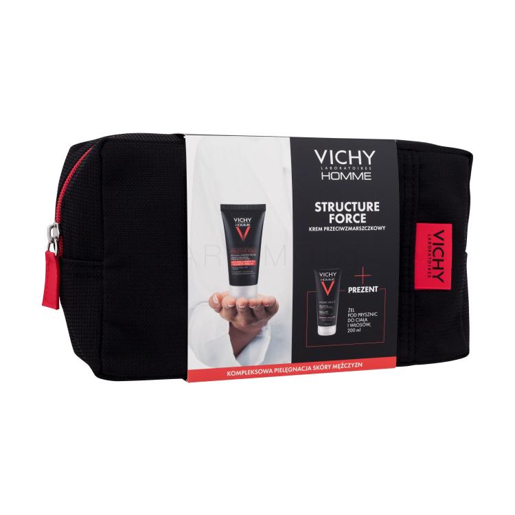 Vichy Homme Structure Force Подаръчен комплект дневен крем за лице Homme Structure Force Hydrating Moisturiser 50 ml + душ гел Homme Hydra Mag C Body &amp; Hair Shower Gel 200 ml + козметична чантичка