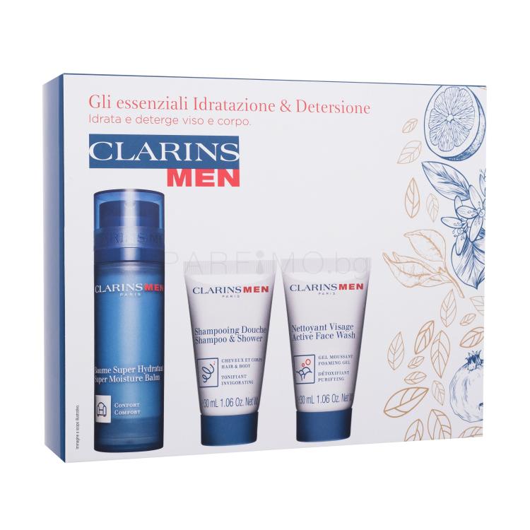 Clarins Men Hydration Essentials Подаръчен комплект балсам за лице Men Super Moisture Balm 50 ml + шампоан Men Shampoo &amp; Shower 30 ml + почистващ гел Men Active Face Wash 30 ml