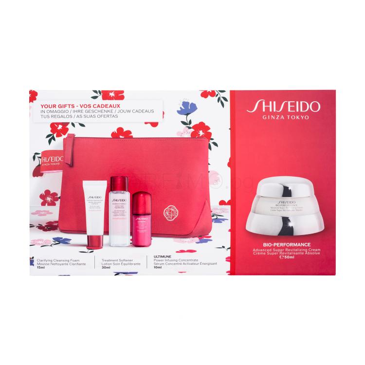 Shiseido Bio-Performance Time Fighting Program Подаръчен комплект дневен крем за лице Bio-Performance Advanced Super Revitalizing Cream 50 ml + серум за лице Ultimune Power Infusing Concentrate 10 ml + почистваща пяна за лице Clarifying Cleansing Foam 15 ml + вода за лице Treatment Softener 30 ml + 