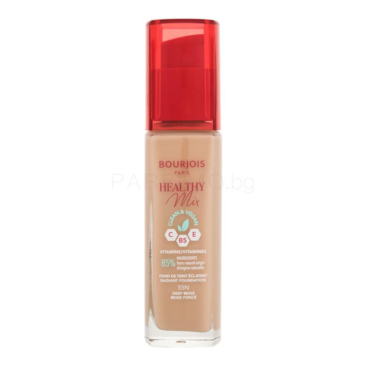 BOURJOIS Paris Healthy Mix Clean &amp; Vegan Radiant Foundation Фон дьо тен за жени 30 ml Нюанс 55N Deep Beige