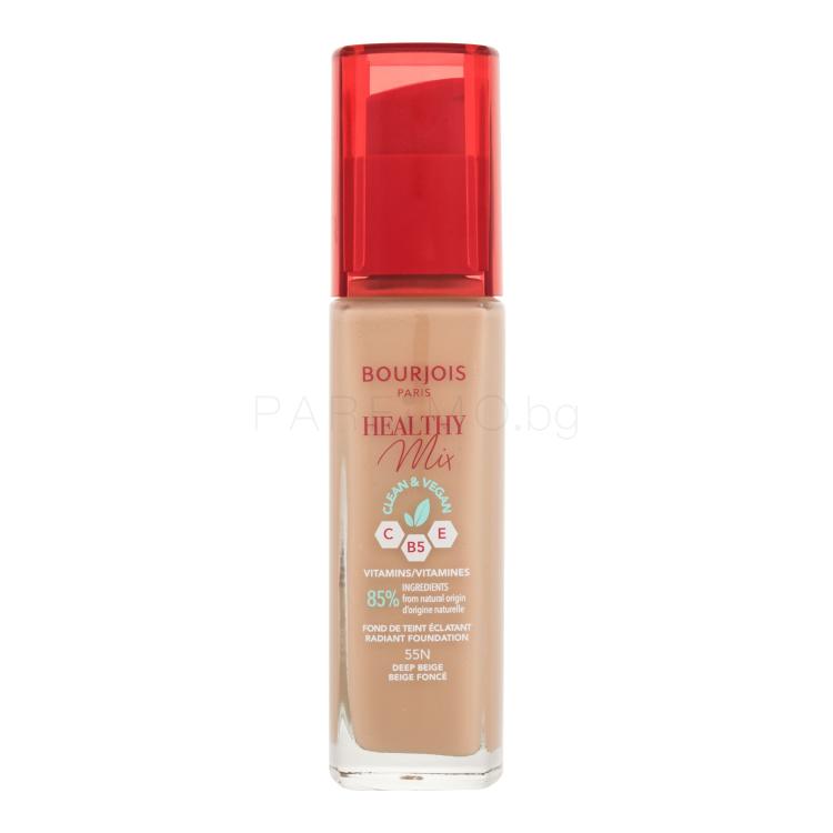 BOURJOIS Paris Healthy Mix Clean &amp; Vegan Radiant Foundation Фон дьо тен за жени 30 ml Нюанс 55N Deep Beige