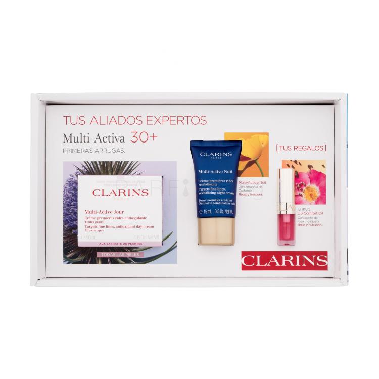 Clarins Multi-Active Gift Set 30+ All Skin Types Подаръчен комплект дневен крем за лице Multi-Active 50 ml + нощен крем за лице Multi-Active 15 ml + масло за устни Lip Comfort Oil 1,4 ml