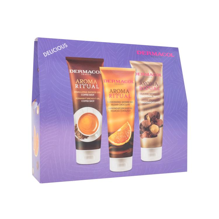 Dermacol Aroma Ritual Подаръчен комплект душ гел Belgian Chocolate 250 ml + душ гел Coffee Shot 250 ml + душ гел Macadamia Truffle 250 ml увредена кутия
