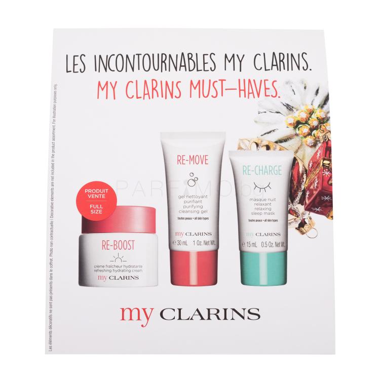 Clarins My Clarins Must-Haves Подаръчен комплект дневен крем за лице Re-Boost Refreshing Hydrating Cream 50 ml + почистващ гел Re-Move Purifying Cleansing Gel 30 ml + маска за лице Re-Charge Relaxing Sleep Mask 15 ml