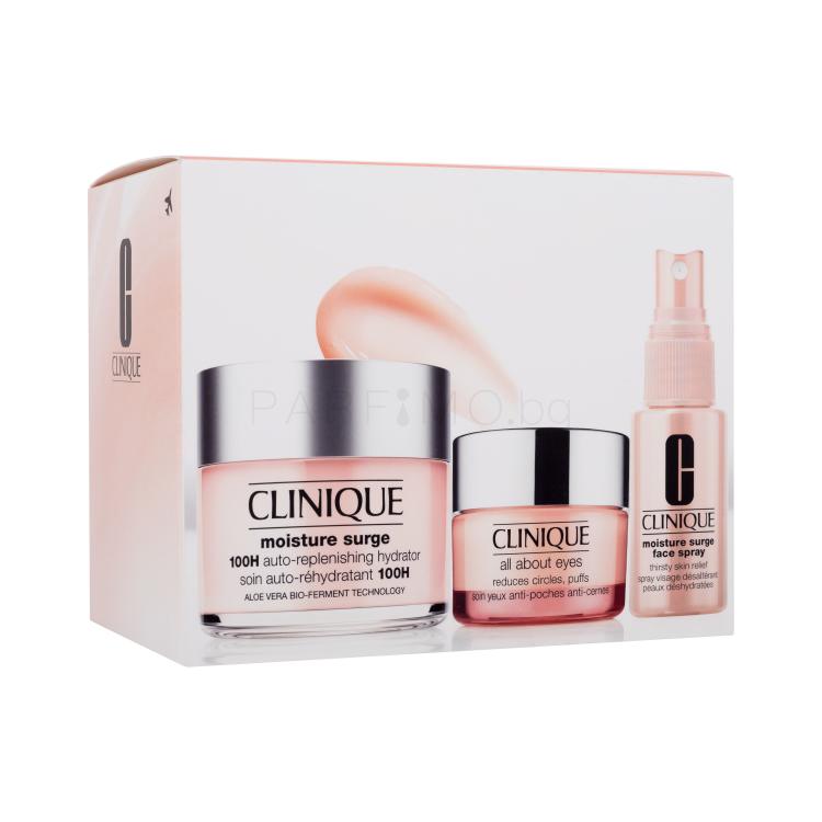 Clinique Moisture Surge Ultra Hydration Travel Exclusive Подаръчен комплект дневен крем за лице Moisture Surge 100H Auto-Replenishing Hydrator 125 ml + спрей за лице Moisture Surge Face Spray Thirsty Skin Relief 30 ml + околоочен крем All About Eyes 15 ml