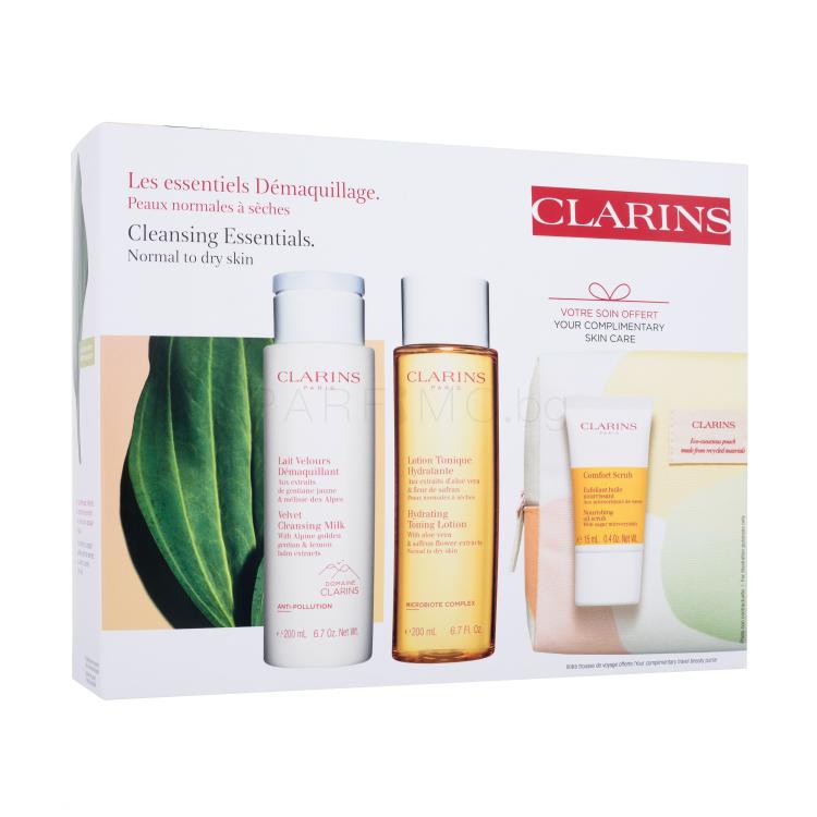 Clarins Cleansing Essentials Подаръчен комплект почистващ лосион Velvet Cleansing Milk 200 ml + тоник за лице Hydrating Toning Lotion 200 ml + пилинг Nourishing Oil Scrub 15 ml + козметична чантичка