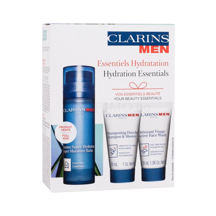 Clarins Men Hydration Essentials Подаръчен комплект балсам за лице Men Super Moisture Balm 50 ml + шампоан Men Shampoo &amp; Shower 30 ml + почистващ гел Men Active Face Wash 30 ml + околоочен серум Double Serum Eye 0,9 ml