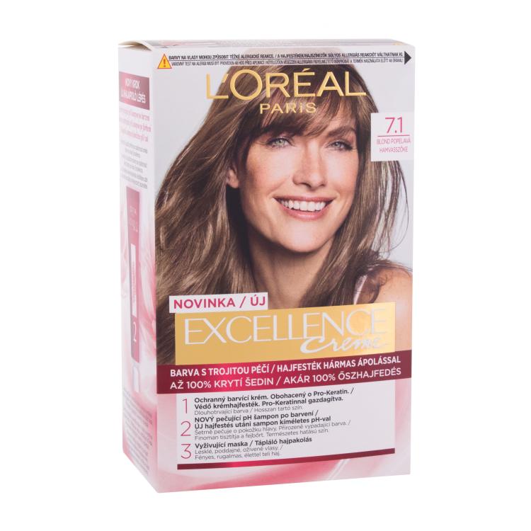 L&#039;Oréal Paris Excellence Creme Triple Protection Боя за коса за жени 48 ml Нюанс 7,1 Natural Ash Blonde увредена кутия