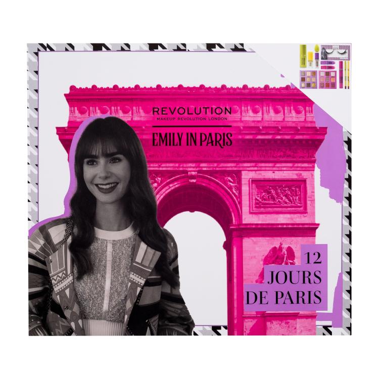 Makeup Revolution London Emily In Paris 12 Jours De Paris Advent Calendar Подаръчен комплект сенки за очи 3 бр. + спирала за очи 1 бр. + гъбичка за грим 1 бр. + фиксиращ спрей 1 бр. + червило 2 бр. + основа за грим 1 бр. + изкуствени мигли 1 чифт + молив за устни 2 бр. увредена кутия