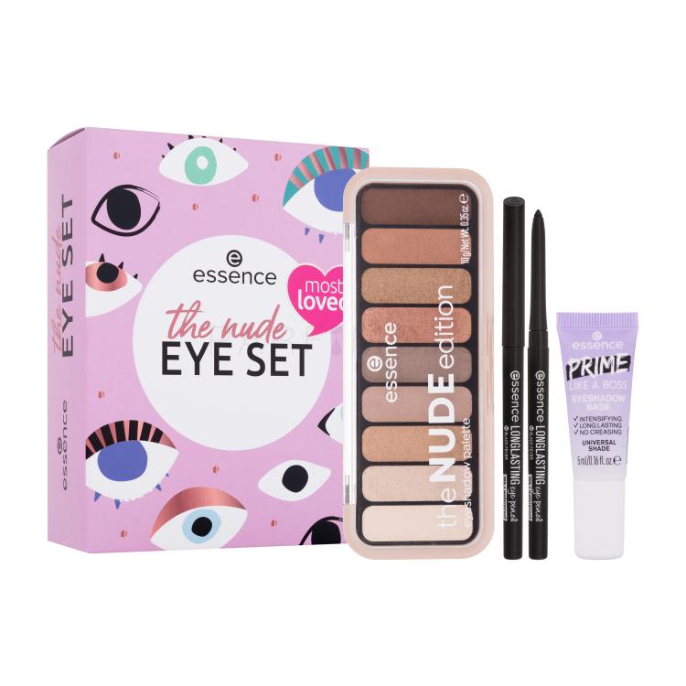 Essence The Nude Eye Set Подаръчен комплект палитра сенки за очи The Nude Edition Eyeshadow Palette 10g + молив за очи Long Lasting Eye Pencil 0,28 g 01 Black Fever + основа под сенки Prime Like A Boss Eyeshadow Base 5 ml