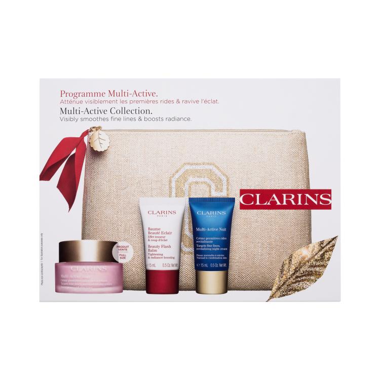 Clarins Multi-Active Collection Подаръчен комплект дневен крем за лице Multi-Active Day 50 ml + нощен крем за лице Multi-Active Night 15 ml + балсам за лице Beauty Flash Balm 15 ml + екологична козметична чантичка