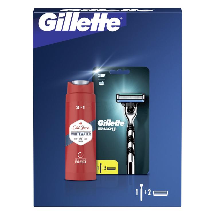Gillette Mach3 Подаръчен комплект самобръсначка 1 бр + резервни ножчета 1 бр + душ гел и шампоан Old Spice Whitewater 3in1 250 ml