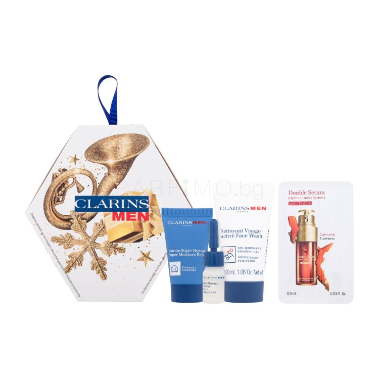 Clarins Men Essentials Подаръчен комплект почистващ гел Men Active Face Wash 30 ml + балсам за лице Men Super Moisture Balm 12 ml + масло за бръснене Men Shave And Beard Oil 3 ml + серум за лице Double Serum Light Texture 0,9 ml