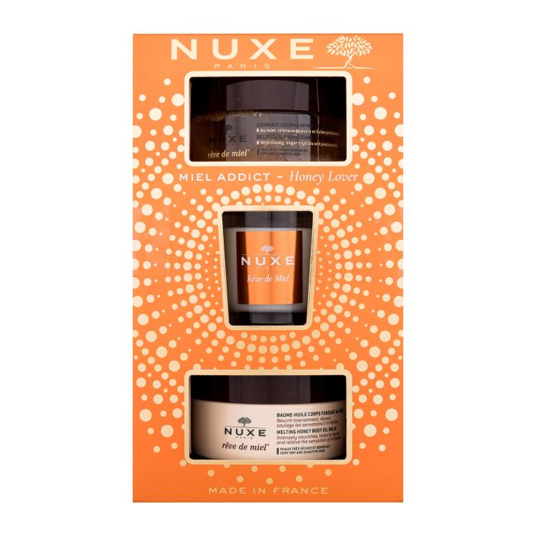 NUXE Rêve de Miel Honey Lover Подаръчен комплект балсам за тяло Reve De Miel 200 ml + пилинг за тяло Reve De Miel 175 ml + ароматна свещ Reve De Miel 70 g