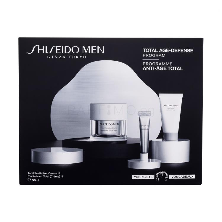 Shiseido MEN Total Revitalizer Cream Total Age-Defense Program Подаръчен комплект дневен крем за лице MEN Total Revitalizer Cream 50 ml + почистващ крем за лице MEN Face Cleanser 30 ml + околоочен крем Total Revitalizer Eye 5 ml