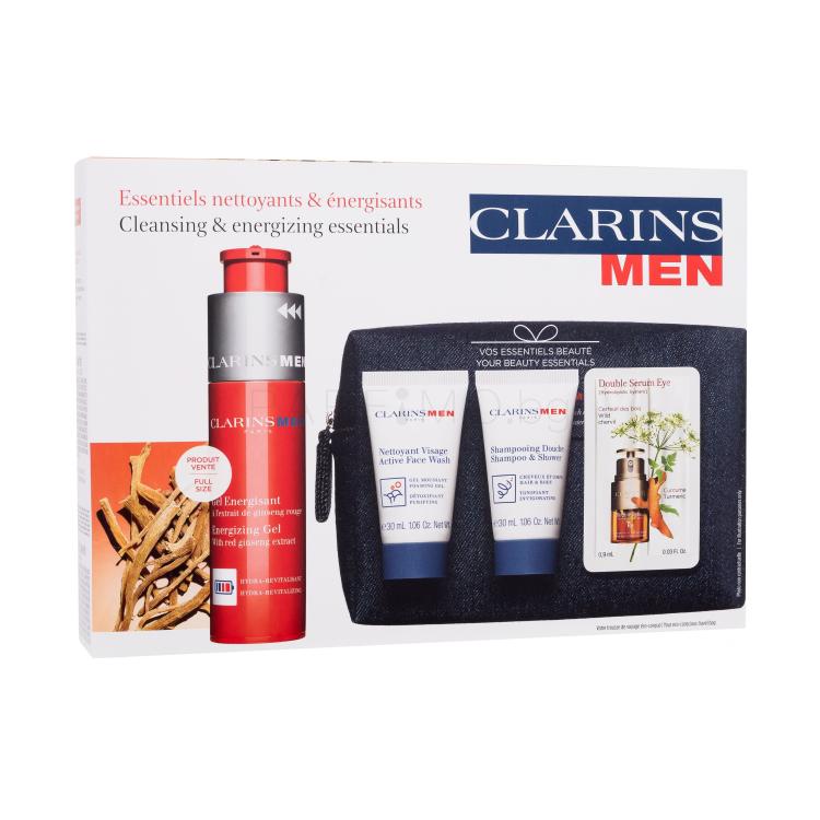 Clarins Men Energizing Gel Подаръчен комплект гел за лице Energizing Gel 50 ml + почистващ гел за лице Active Face Wash 30 ml + шампоан и душ гел Shampoo &amp; Shower 30 ml + околоочен серум Double Serum Eye 0,9 ml + козметична чанта