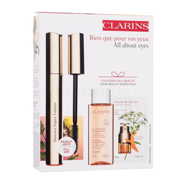 Clarins Mascara Supra Volume Подаръчен комплект спирала Mascara Supra Volume 8 ml + мицеларна вода Cleansing Micellar Water 50 ml + околоочен серум Double Serum Eye 0,9 ml