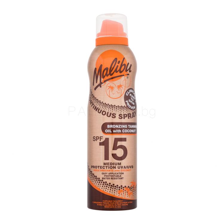 Malibu Continuous Spray Bronzing Oil Coconut SPF15 Слънцезащитна козметика за тяло 175 ml