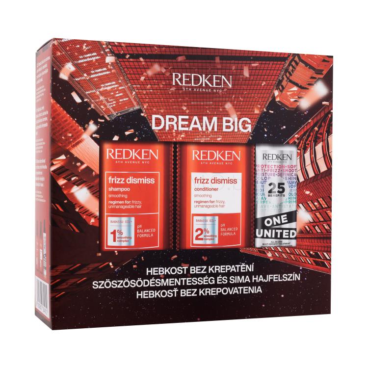 Redken Frizz Dismiss Dream Big Подаръчен комплект шампоан Frizz Dismiss 300 ml + балсам Frizz Dismiss 300 ml +  грижа за косата One United All-In-One Multi-Benefit Treatment 150 ml