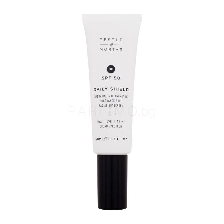 Pestle &amp; Mortar Daily Shield Hydrating &amp; Illuminating Facial Sunscreen SPF50 Слънцезащитен продукт за лице за жени 50 ml