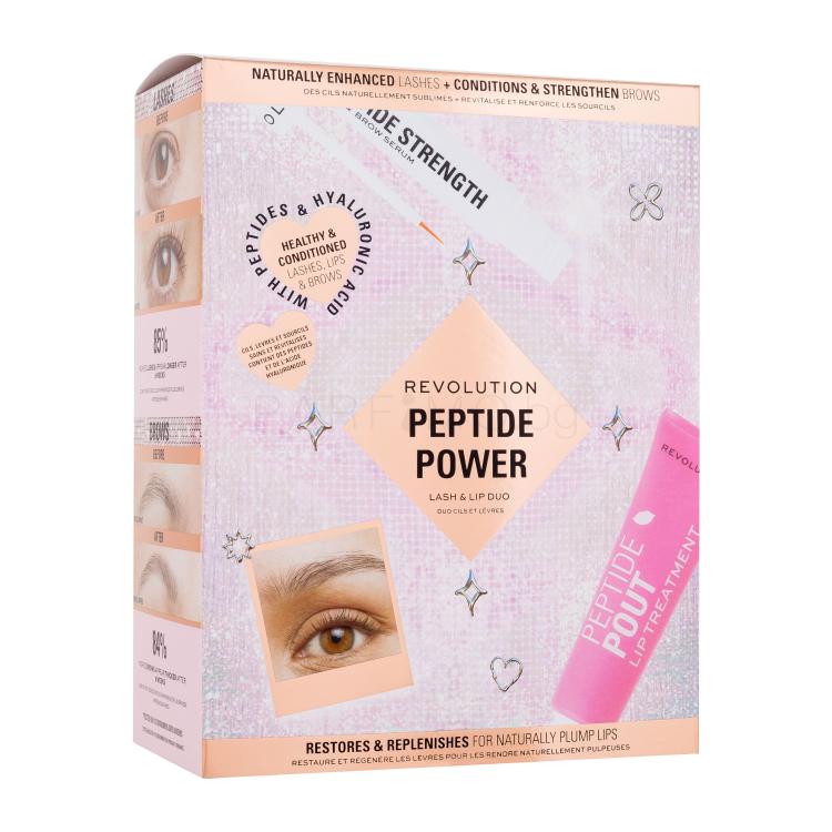 Makeup Revolution London Peptide Power Lash &amp; Lip Duo Подаръчен комплект серум за мигли и вежди Peptide Strength Lash &amp; Brow Serum 3 ml + балсам за устни Peptide Pout Lip Treatment 15 ml