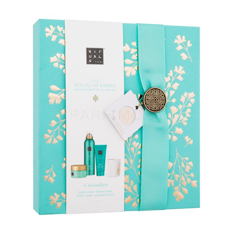 Rituals The Ritual Of Karma 4 Bestsellers Подаръчен комплект душ пяна The Ritual Of Karma Foaming Shower Gel 200 ml + крем за тяло The Ritual Of Karma 48H Hydrating Body Cream 100 ml + пилинг за тяло The Ritual Of Karma Softening Body Scrub 125 g + свещ The Ritual Of Karma Scented Candle 140 g