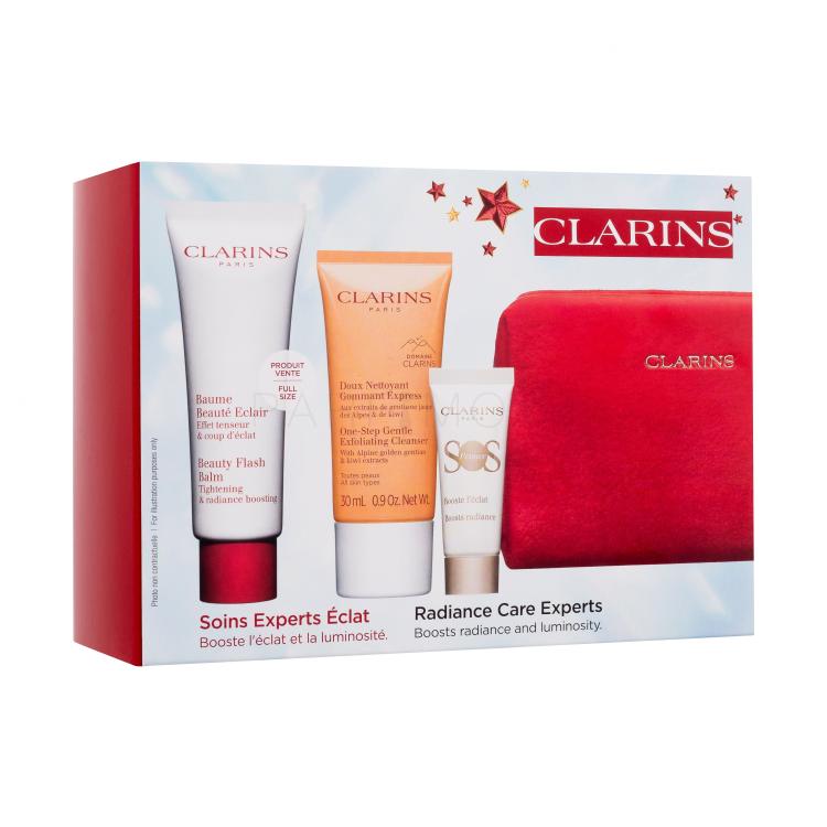 Clarins Beauty Flash Balm Подаръчен комплект балсам за лице Beauty Flash Balm 50 ml + пилинг за лице One-Step Gentle Exfoliating Cleanser 30 ml + основа под грим SOS Primer Boost Radiance 10 ml + червена козметична чантичка