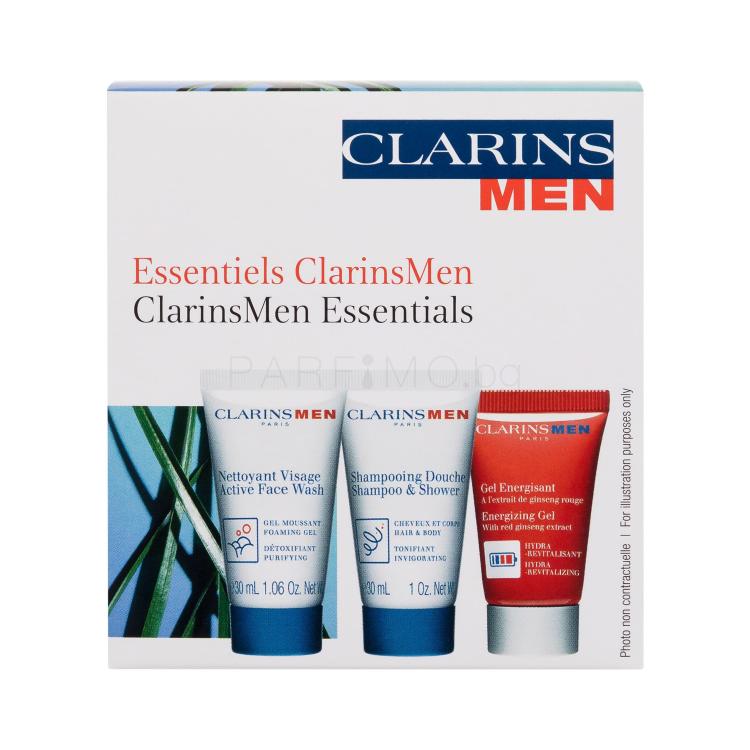 Clarins Men Essentials Подаръчен комплект почистващ гел Active Face Wash 30 ml + шампоан и душ гел Shampoo &amp; Shower 30 ml + гел за лице Energizing Gel 12 ml