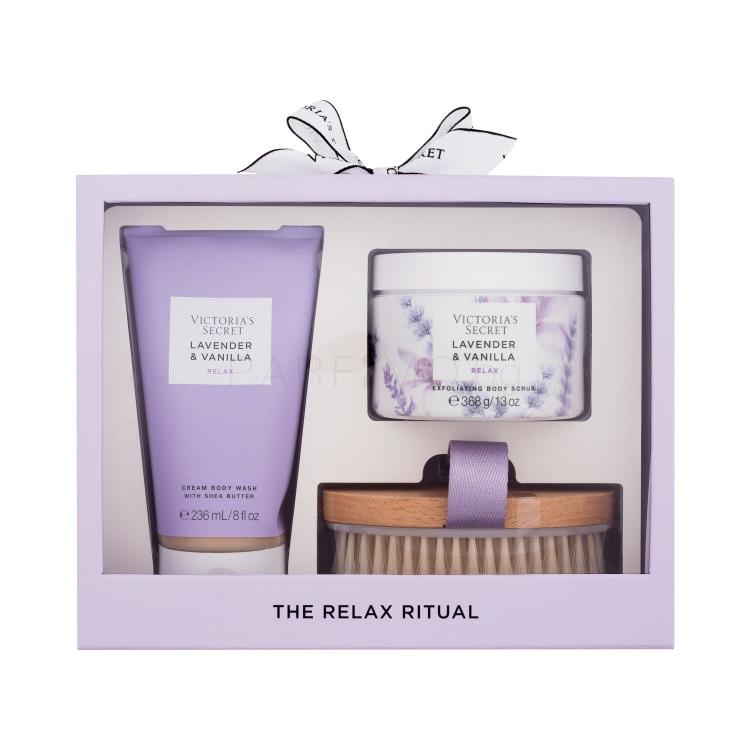 Victoria´s Secret Levender &amp; Vanilla Relax Подаръчен комплект душ крем 236 ml + скраб за тяло 368 g + четка за тяло увредена кутия