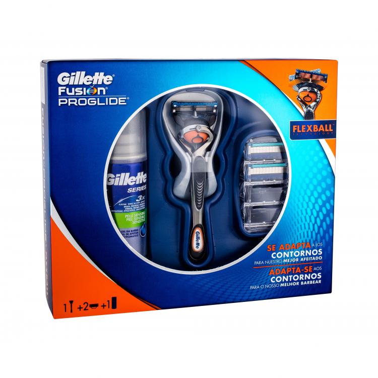 Gillette Fusion Proglide Flexball Подаръчен комплект самобръсначка с една глава 1 бр + резервни ножчета 2 бр + гел за бръснене Series Sensitive 75 ml