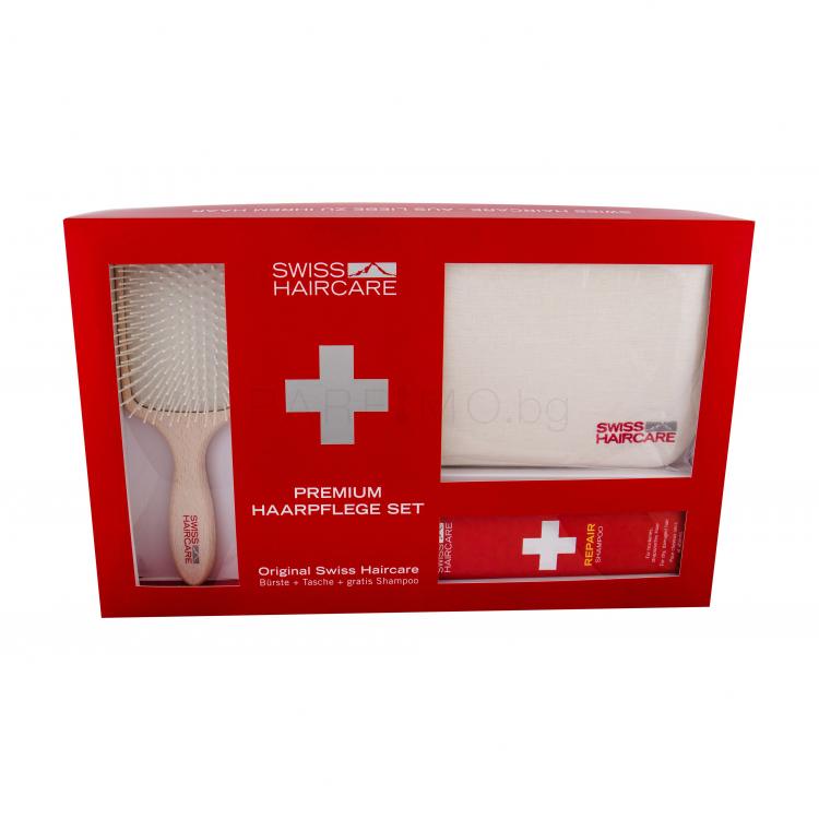 Swiss Haircare Premium Подаръчен комплект плоска четка за коса Paddle Brush + шампоан за изтощена коса 200 ml + чантичка
