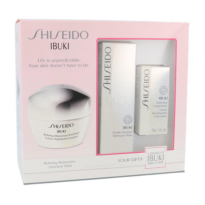Shiseido Ibuki Подаръчен комплект крем за лице Refining Moisturizer Enriched 50 ml + почистваща пяна Gentle Cleanser 30 ml + успокояваща емулсия за лице Softening Concentrate 15 ml