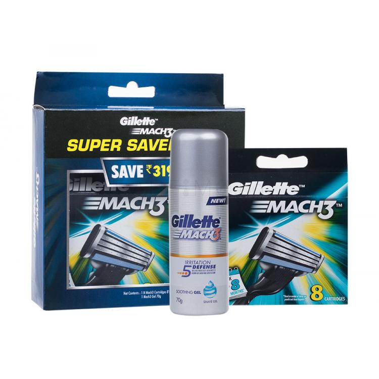 Gillette Mach3 Подаръчен комплект резервна глава 8 бр. + гел за бръснене Irritation Defense 70 g