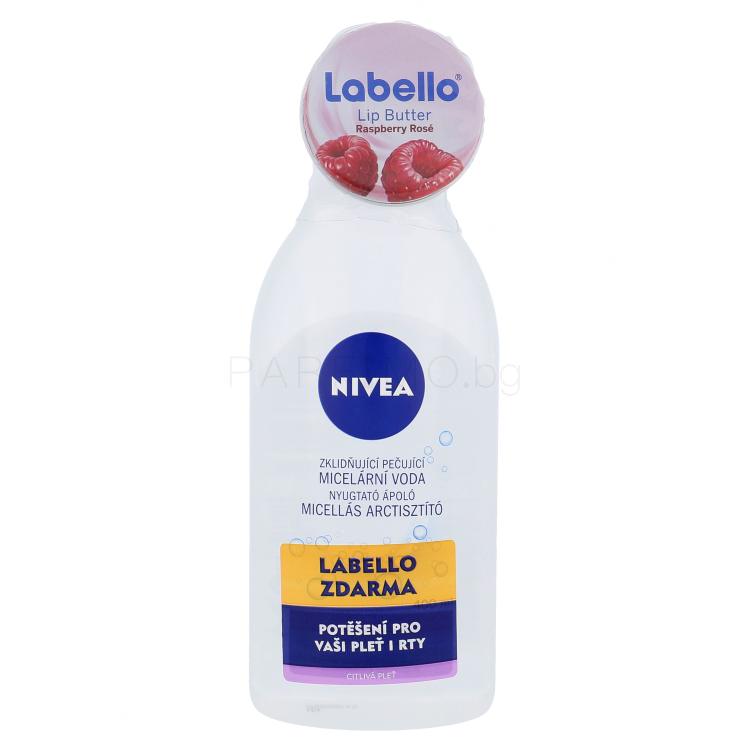 Nivea Sensitive 3in1 Micellar Cleansing Water Подаръчен комплект мицеларна вода 400 ml + балсам за устни Labello Lip Butter 19 ml Raspberry Rosé