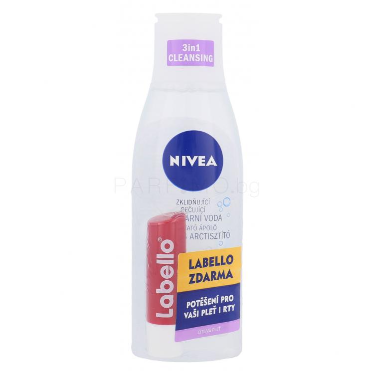 Nivea Sensitive 3in1 Micellar Cleansing Water Подаръчен комплект мицеларна вода 200 ml + балсам за устни 5,5 ml Cherry Shine
