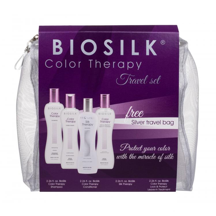 Farouk Systems Biosilk Color Therapy Подаръчен комплект шампоан 67 ml + балсам 67 ml + серум за коса Biosilk Silk Therapy Silk 67 ml + серум за коса Lock &amp; Protect Treatment 67 ml + козметична чанта