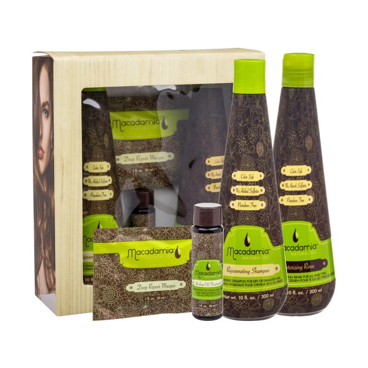 Macadamia Professional Rejuvenating Подаръчен комплект шампоан Rejuvenating Shampoo 300 ml + маска Deep Repair Masque 30 ml + олио Healing Oil Treatment 30 ml + балсам Moisturizing Rinse 300 ml увредена кутия