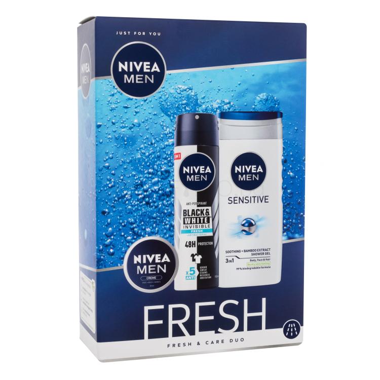 Nivea Men Fresh Подаръчен комплект душ гел Men Sensitive 250 ml + антиперспирант Men Invisible For Black &amp; White Fresh 150 ml + универсален крем Men Creme 30 ml